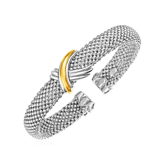 Brazalete con textura de palomitas de maíz con motivo de X en plata de ley y oro amarillo de 18k