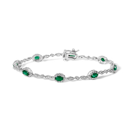 Pulsera de eslabones alternados de oro blanco de 10 quilates con esmeralda verde ovalada y diamantes
