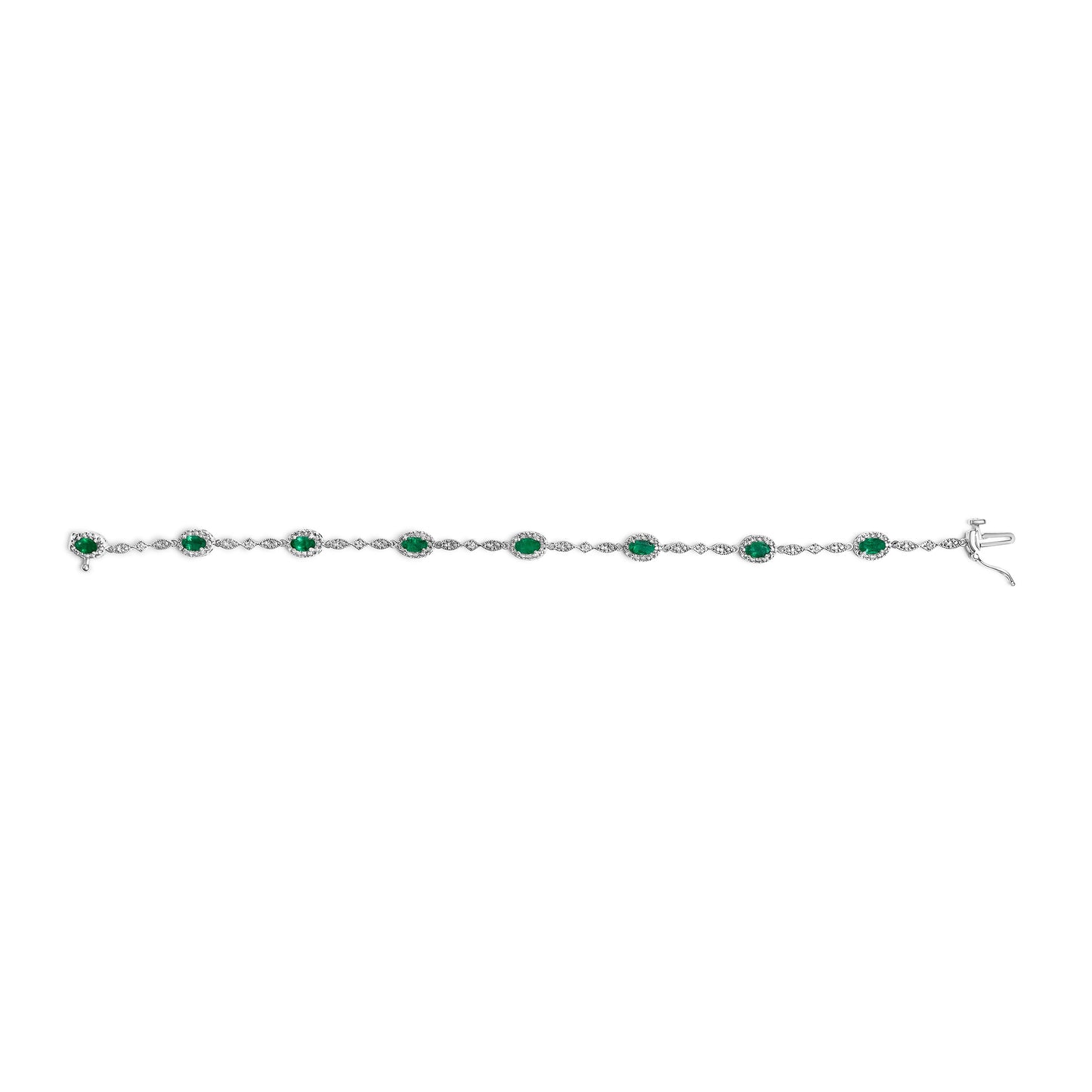 Pulsera de eslabones alternados de oro blanco de 10 quilates con esmeralda verde ovalada y diamantes