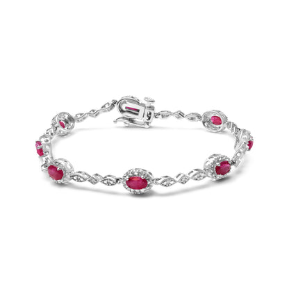 Pulsera de eslabones de rubí ovalado y diamantes de oro blanco de 10K de 4.5mm x 3mm (Color H-I, Claridad SI1-SI2) - Tamaño 7"