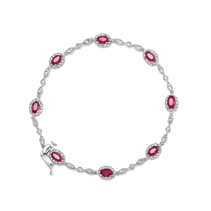 Pulsera de eslabones de rubí ovalado y diamantes de oro blanco de 10K de 4.5mm x 3mm (Color H-I, Claridad SI1-SI2) - Tamaño 7"