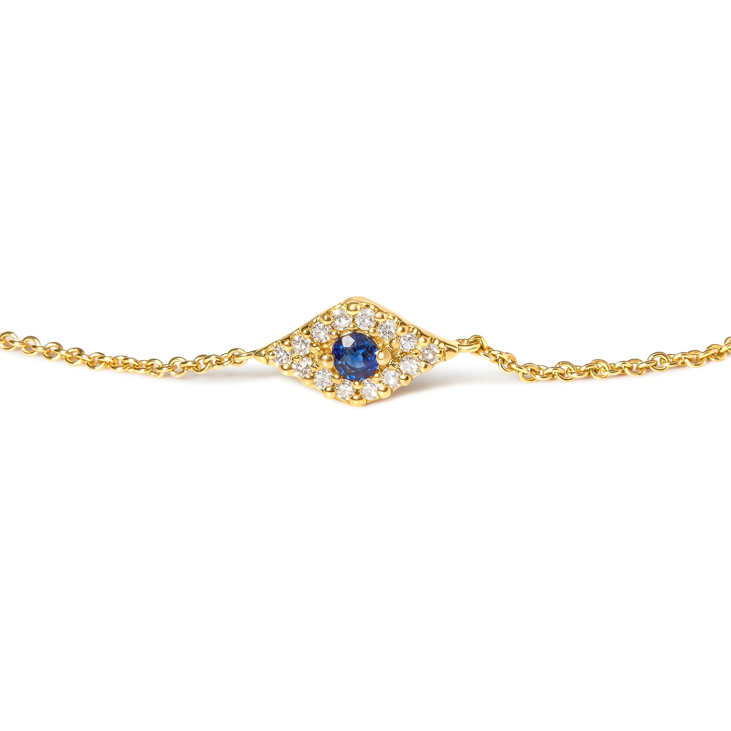 Pulsera de eslabones de estación de oro amarillo de 10 K con zafiro azul y acento de diamante de ojo turco (color H-I, claridad I1-I2) - Talla 7"