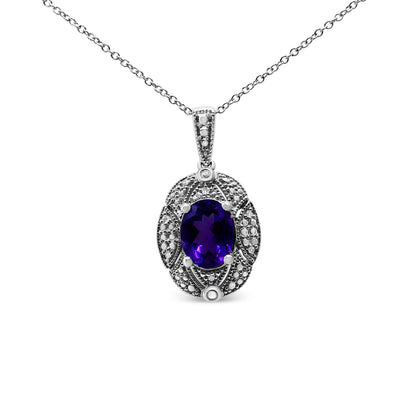 Collar de 45,72 cm con colgante de plata de ley .925, acentos de diamante y amatista ovalada púrpura de 9x7mm (color I-J, claridad I1-I2)