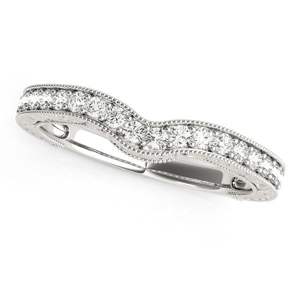 Anillo de boda curvo de oro blanco de 14k con borde de cuentas y diamantes (1/4 cttw)