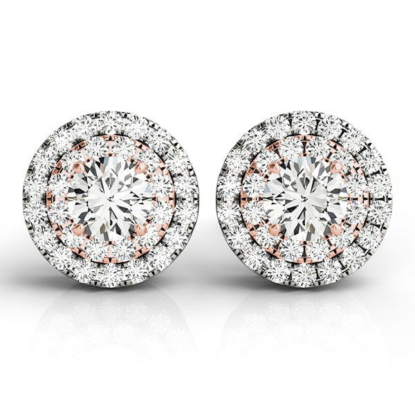 Pendientes de halo redondo de diamantes de oro blanco y rosa de 14k (3/4 cttw)