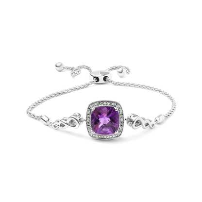 Brazalete bolo ajustable de plata de ley .925 con gema de amatista de talla cojín de 10 mm y acento de diamante de 4 a 10 pulgadas (color H-I, claridad SI1-SI2)