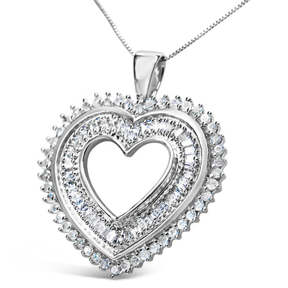 Collar con colgante de corazón de plata de ley .925 con diamantes redondos y baguette de 1.0 quilates, 18" (color H-I, claridad I3)
