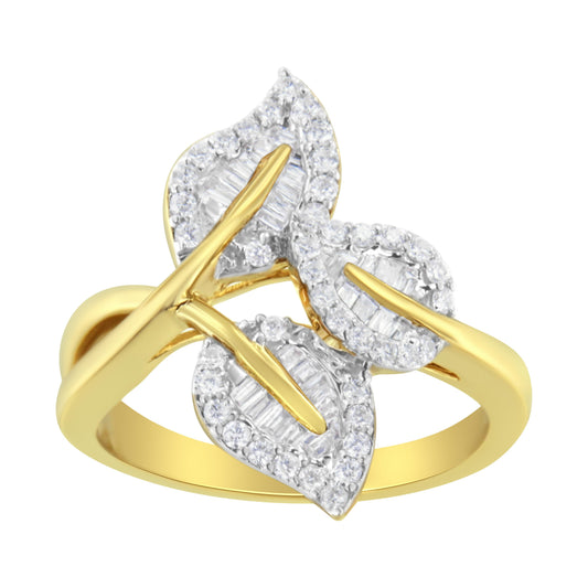 Anillo de oro amarillo y blanco de 10k con diamantes de talla baguette y redonda de 1/2 quilate (color I-J, claridad I1-I2) - Talla 7