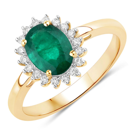 Anillo de oro amarillo de 14 quilates con esmeralda zambiana auténtica de 1,34 quilates y diamantes blancos