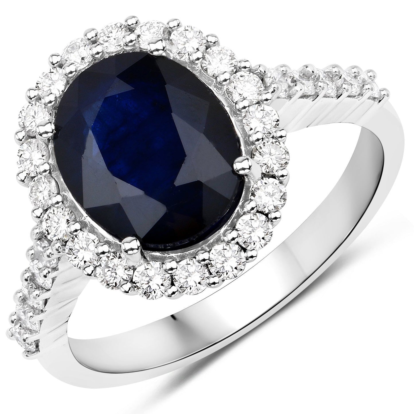 Anillo de oro blanco de 14K con zafiro azul genuino de 3,70 quilates y diamantes blancos