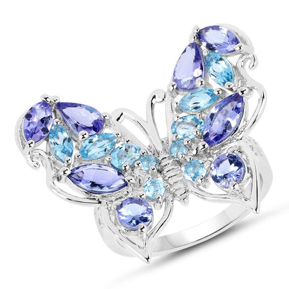 Anillo de plata de ley .925 con tanzanita genuina de 3.60 quilates y topacio azul suizo