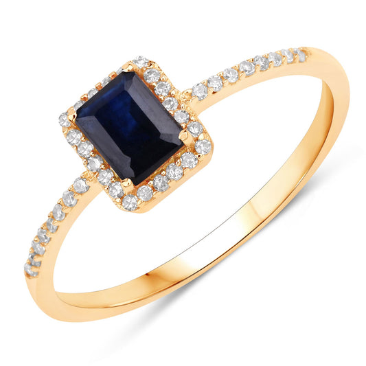 Anillo de oro amarillo de 14K con zafiro azul genuino de 0.60 quilates y diamantes blancos