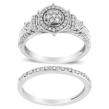 Anillo de compromiso y conjunto de alianzas de boda de plata de ley .925 con diamante de 1/3 Cttw de 7 piedras en racimo y halo (color I-J, claridad I1-I2) - Talla 7