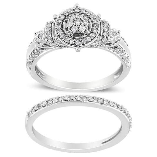 Anillo de compromiso y conjunto de alianzas de boda de plata de ley .925 con diamante de 1/3 Cttw de 7 piedras en racimo y halo (color I-J, claridad I1-I2) - Talla 7
