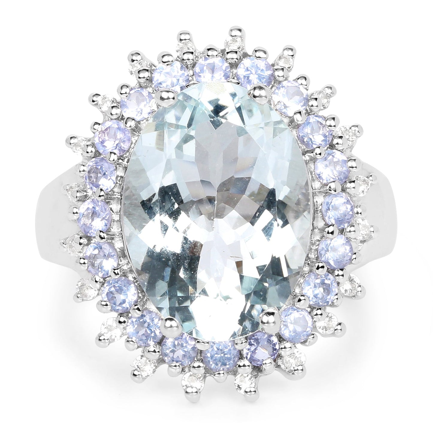 Anillo de plata de ley .925 con aguamarina genuina de 5.30 quilates, tanzanita y topacio blanco