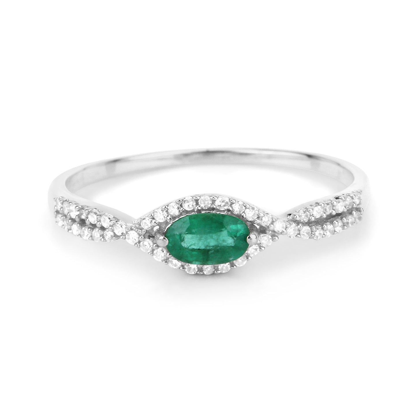 Anillo de oro blanco de 14K con esmeralda zambiana auténtica de 0,32 quilates y diamantes blancos
