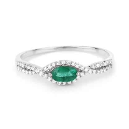Anillo de oro blanco de 14K con esmeralda zambiana auténtica de 0,32 quilates y diamantes blancos