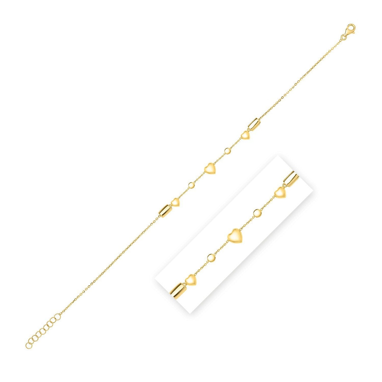 Tobillera ajustable de corazón abultado de oro amarillo de 14k