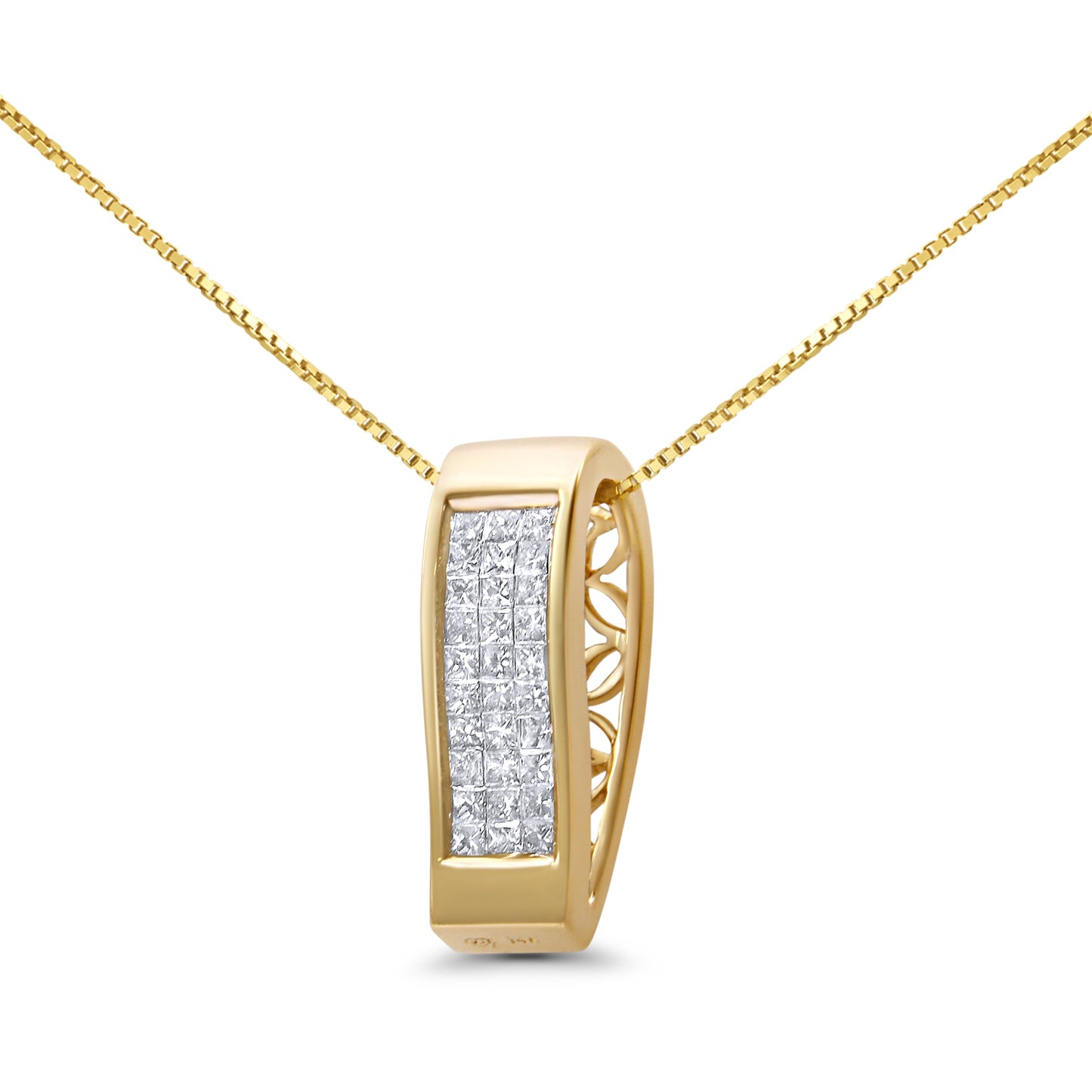 Collar con colgante de barra vertical de oro amarillo de 14K con diamantes de talla princesa de 1/2 quilate engarzados invisibles, 18" (color H-I, claridad SI2-I1)