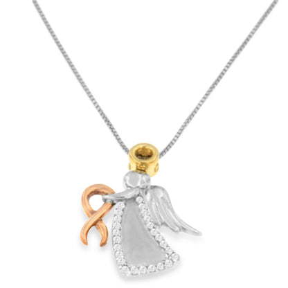 Collar con colgante de lazo de concientización de ángel acentuado con diamantes de oro tricolor de 10K (color H-I, claridad I1-I2)