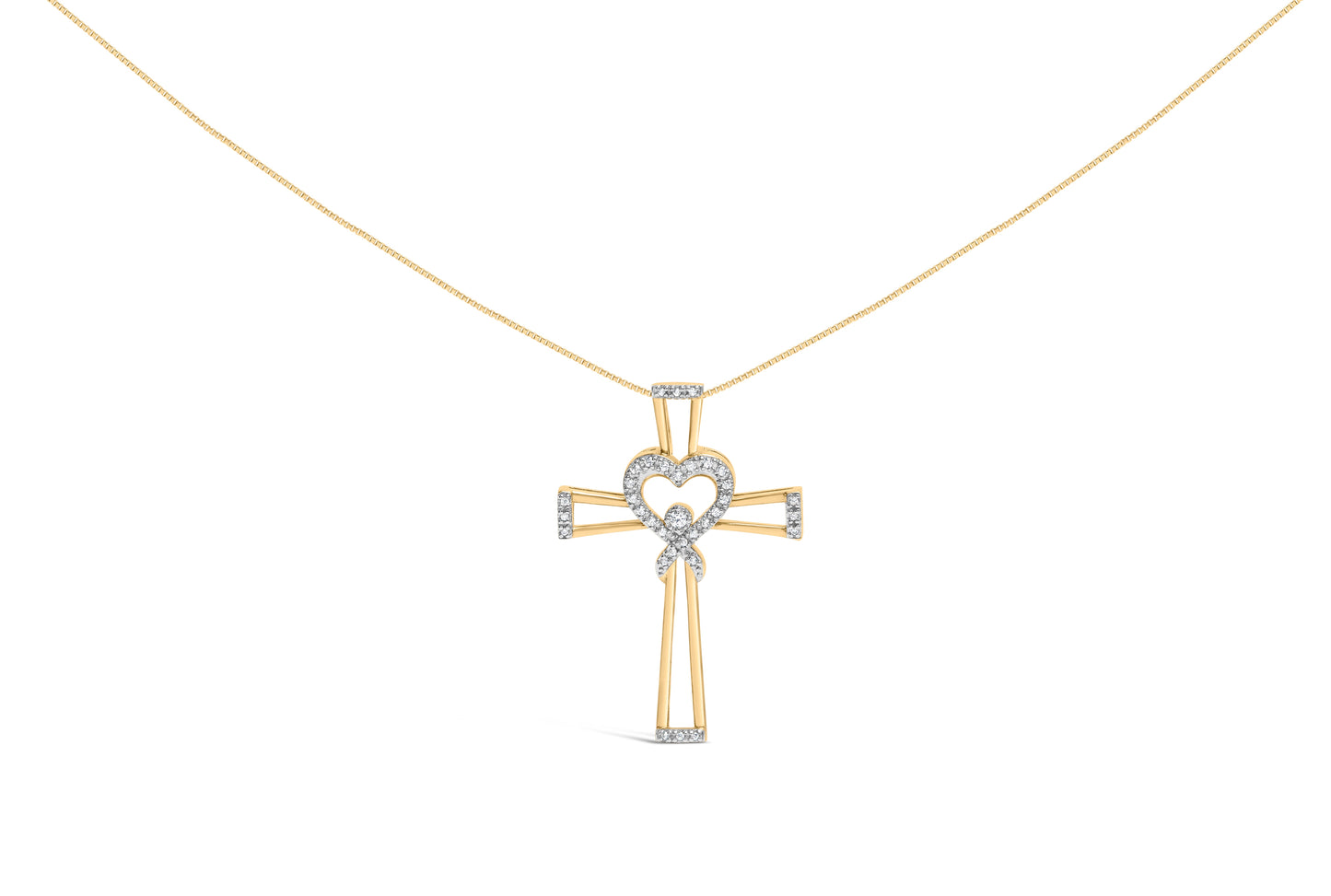 Collar con colgante de cruz, corazón entrelazado y lazo, de plata de ley 925 chapada en oro amarillo de 14K con diamante de 1/6 quilates (color H-I, claridad I2-I3) - 45,72 cm