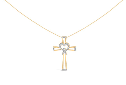 Collar con colgante de cruz, corazón entrelazado y lazo, de plata de ley 925 chapada en oro amarillo de 14K con diamante de 1/6 quilates (color H-I, claridad I2-I3) - 45,72 cm