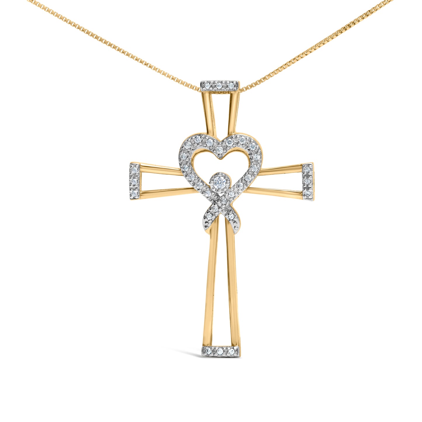 Collar con colgante de cruz, corazón entrelazado y lazo, de plata de ley 925 chapada en oro amarillo de 14K con diamante de 1/6 quilates (color H-I, claridad I2-I3) - 45,72 cm