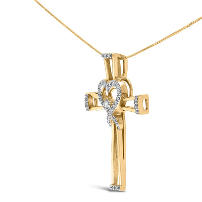 Collar con colgante de cruz, corazón entrelazado y lazo, de plata de ley 925 chapada en oro amarillo de 14K con diamante de 1/6 quilates (color H-I, claridad I2-I3) - 45,72 cm