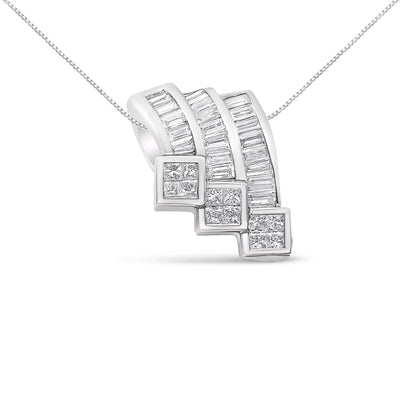 Colgante de oro blanco de 14 quilates con tres curvas de diamantes de corte princesa y baguette engastados de forma invisible, 1 1/2 quilates en total (color G-H, claridad SI1-SI2) - NO INCLUYE CADENA