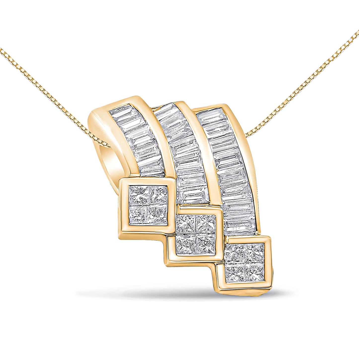 Colgante de oro blanco de 14 quilates con tres curvas de diamantes de corte princesa y baguette engastados de forma invisible, 1 1/2 quilates en total (color G-H, claridad SI1-SI2) - NO INCLUYE CADENA