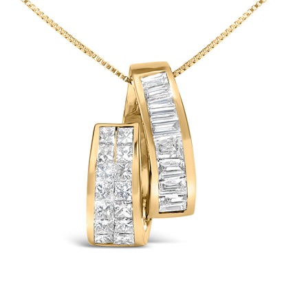 Collar con colgante de barra doble de oro amarillo de 14 quilates con diamantes talla princesa y baguette de 1 5/8 qt (color G-H, claridad VS2-SI1) - 18"