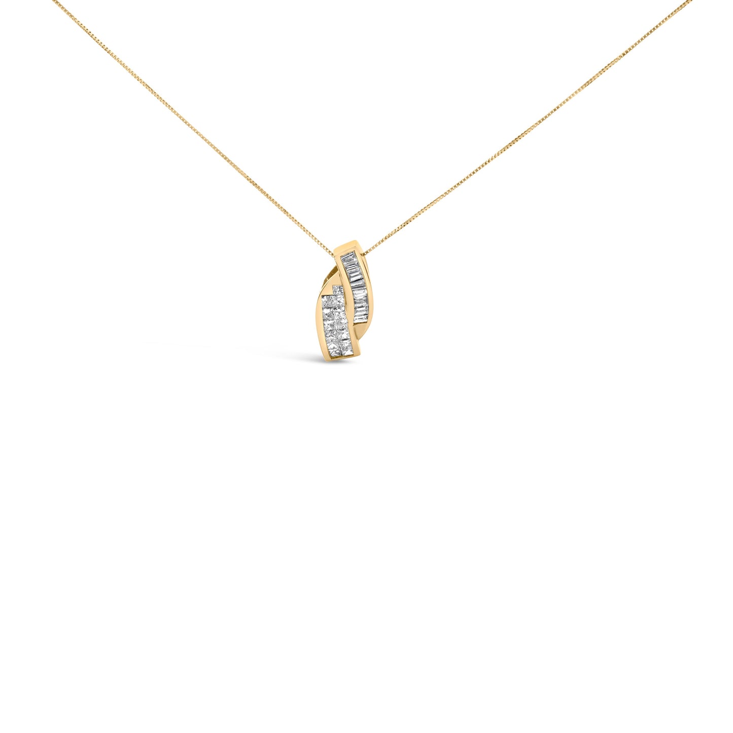 Collar con colgante doble curvo de oro amarillo de 14k con diamantes talla princesa y baguette de 1 1/3 Cttw (color H-I, claridad VS1-VS2) - CADENA NO INCLUIDA