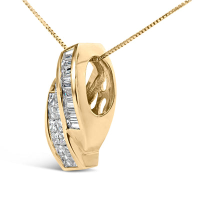 Collar con colgante doble curvo de oro amarillo de 14k con diamantes talla princesa y baguette de 1 1/3 Cttw (color H-I, claridad VS1-VS2) - CADENA NO INCLUIDA
