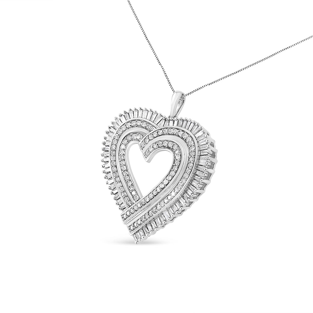 Collar con colgante de corazón de diamante redondo y talla baguette de 1,25 quilates en plata de ley .925 de 45,72 cm (color I-J, claridad I1-I2)