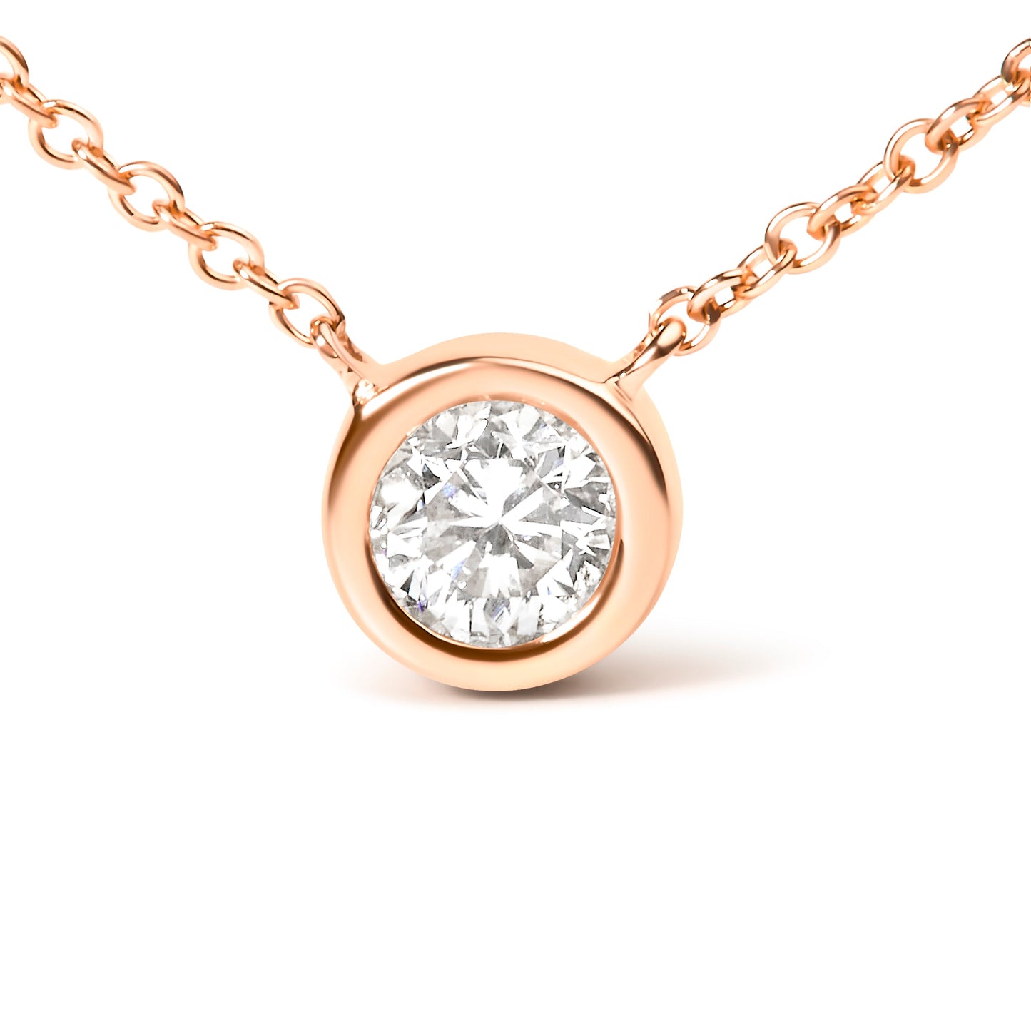 Collar con colgante solitario moderno de oro rosa de 10K con diamante de talla brillante redonda de 1/5 quilate, engaste de bisel, 16"-18" (color H-I, claridad SI2-I1)