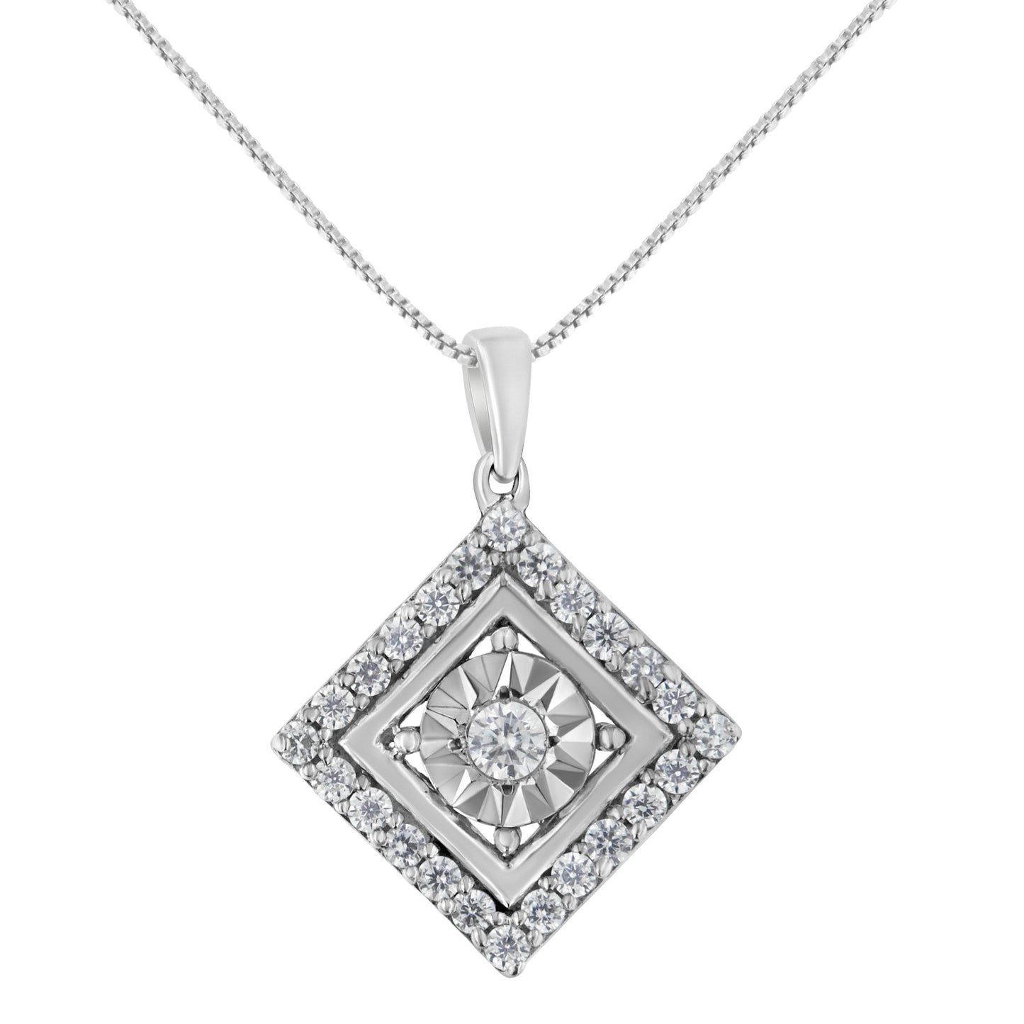Collar con colgante cuadrado de oro blanco de 10 qt con diamantes de 1/2 TCW (color I-J, claridad I2-I3)
