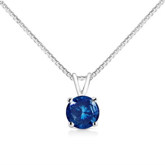 Collar con colgante solitario de oro blanco de 10K con diamante azul redondo brillante cultivado en laboratorio de 1/4 Cttw con 4 puntas (color azul, claridad VS2-SI1) - 18"