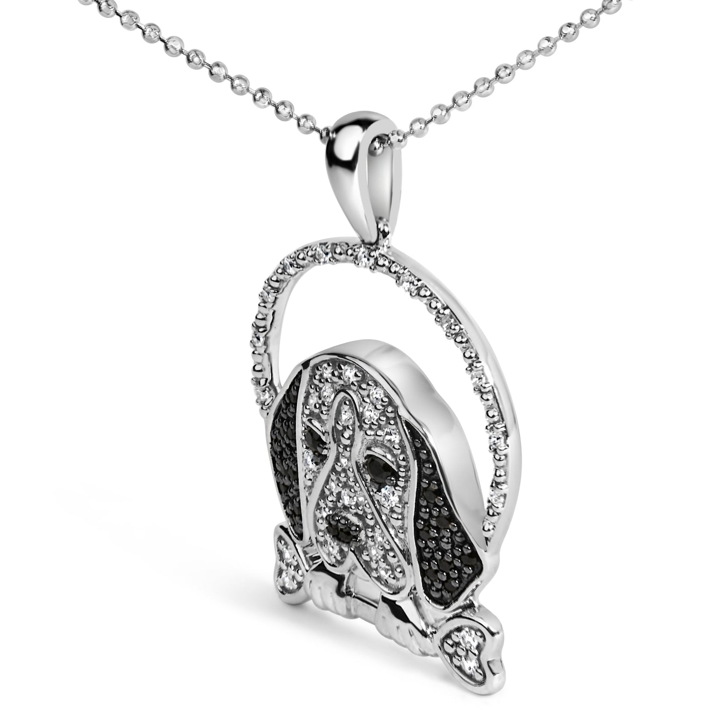 Collar con colgante de perro beagle y hueso con diamantes blancos y negros de plata de ley .925 de 1/4 qt (color I-J, claridad I2-I3) - 45.7 cm