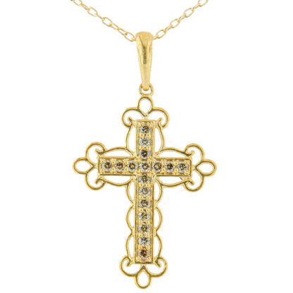 Collar con colgante de cruz de filigrana con diamantes de color champán de 1/4 Cttw (color K-L, claridad I1-I2) de plata de ley .925 con baño de oro amarillo de 10K - 18"