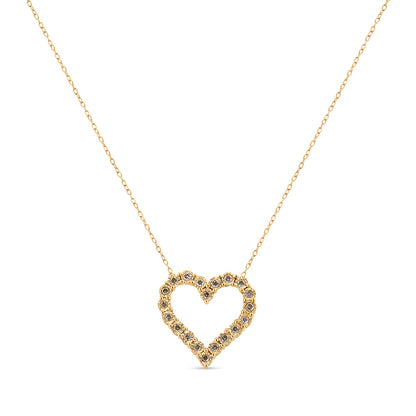 Collar con colgante de corazón de placa milagro de diamante color champán de 1/2 quilate, de plata de ley .925 con baño de oro amarillo de 10 quilates (Color K-L, Claridad I1-I2) - 18"