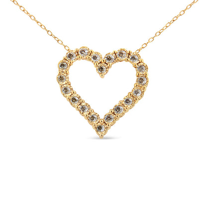 Collar con colgante de corazón de placa milagro de diamante color champán de 1/2 quilate, de plata de ley .925 con baño de oro amarillo de 10 quilates (Color K-L, Claridad I1-I2) - 18"