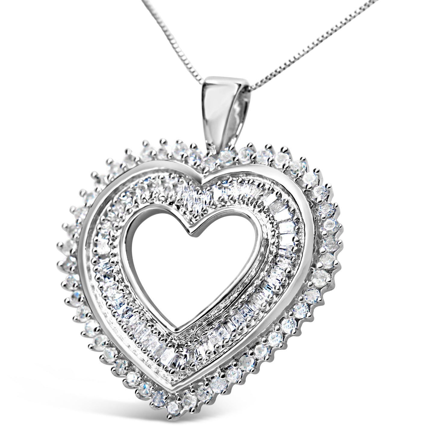 Collar con colgante de corazón de plata de ley .925 con diamantes redondos y baguette de 1.0 quilates, 18" (color H-I, claridad I3)