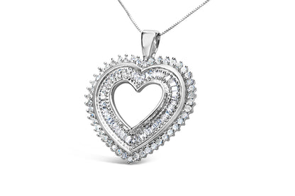 Collar con colgante de corazón de plata de ley .925 con diamantes redondos y baguette de 1.0 quilates, 18" (color H-I, claridad I3)