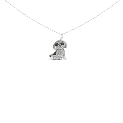 Collar con colgante de perro Shih Tzu de plata de ley .925 con diamantes de 1 1/4 Cttw de 45,7 cm (negro y color I-J, claridad I2-I3)