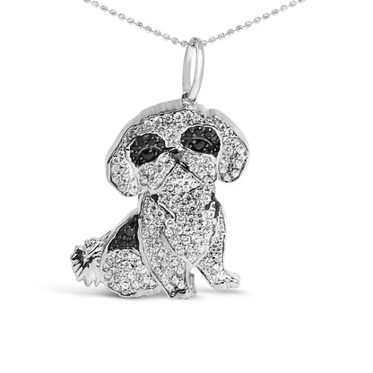 Collar con colgante de perro Shih Tzu de plata de ley .925 con diamantes de 1 1/4 Cttw de 45,7 cm (negro y color I-J, claridad I2-I3)