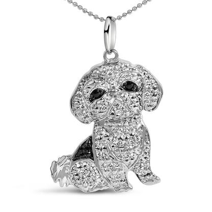 Collar con colgante de perro Shih Tzu de plata de ley .925 con diamantes blancos y negros de 1/2 quilate (color I-J, claridad I2-I3) y cadena de 45 cm