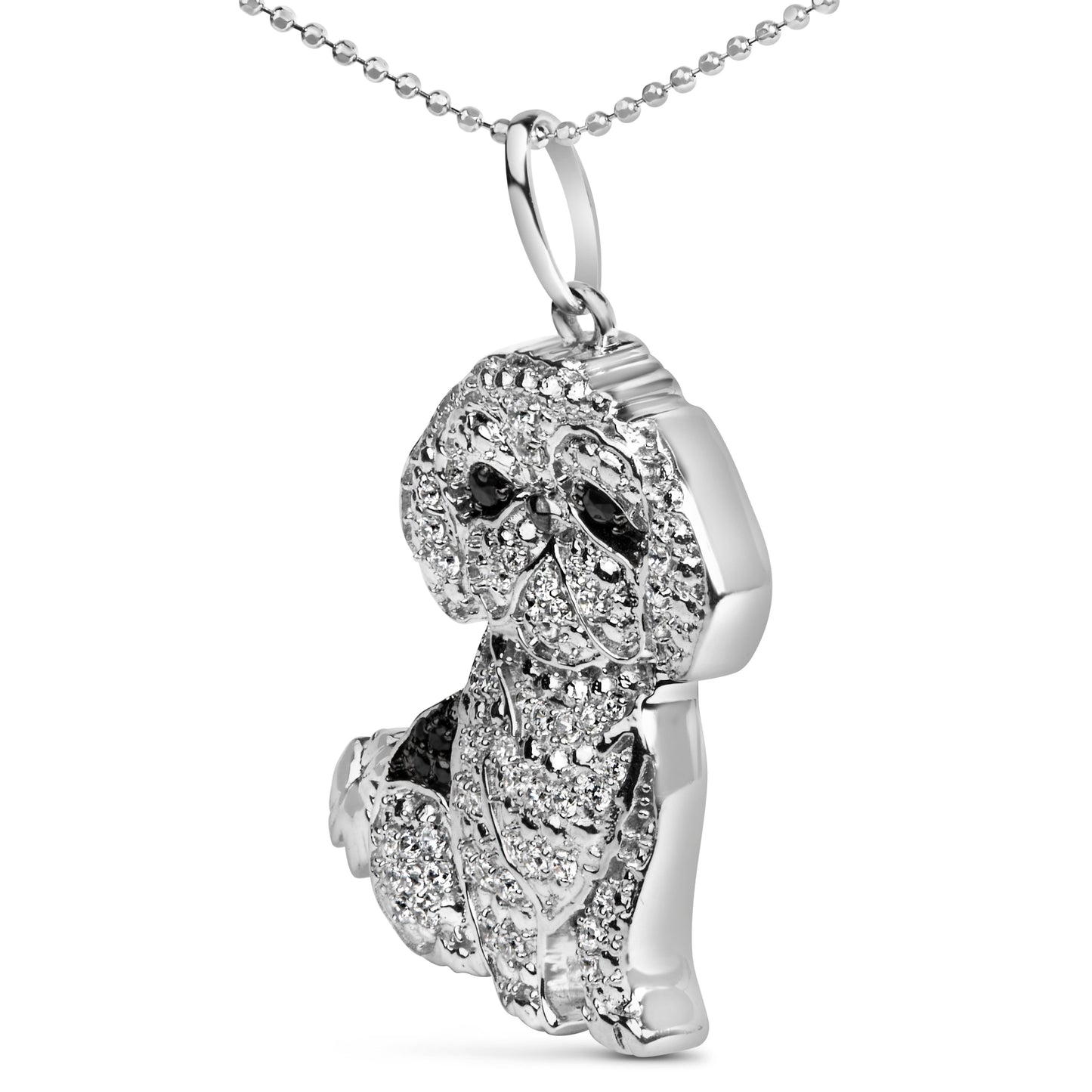 Collar con colgante de perro Shih Tzu de plata de ley .925 con diamantes blancos y negros de 1/2 quilate (color I-J, claridad I2-I3) y cadena de 45 cm