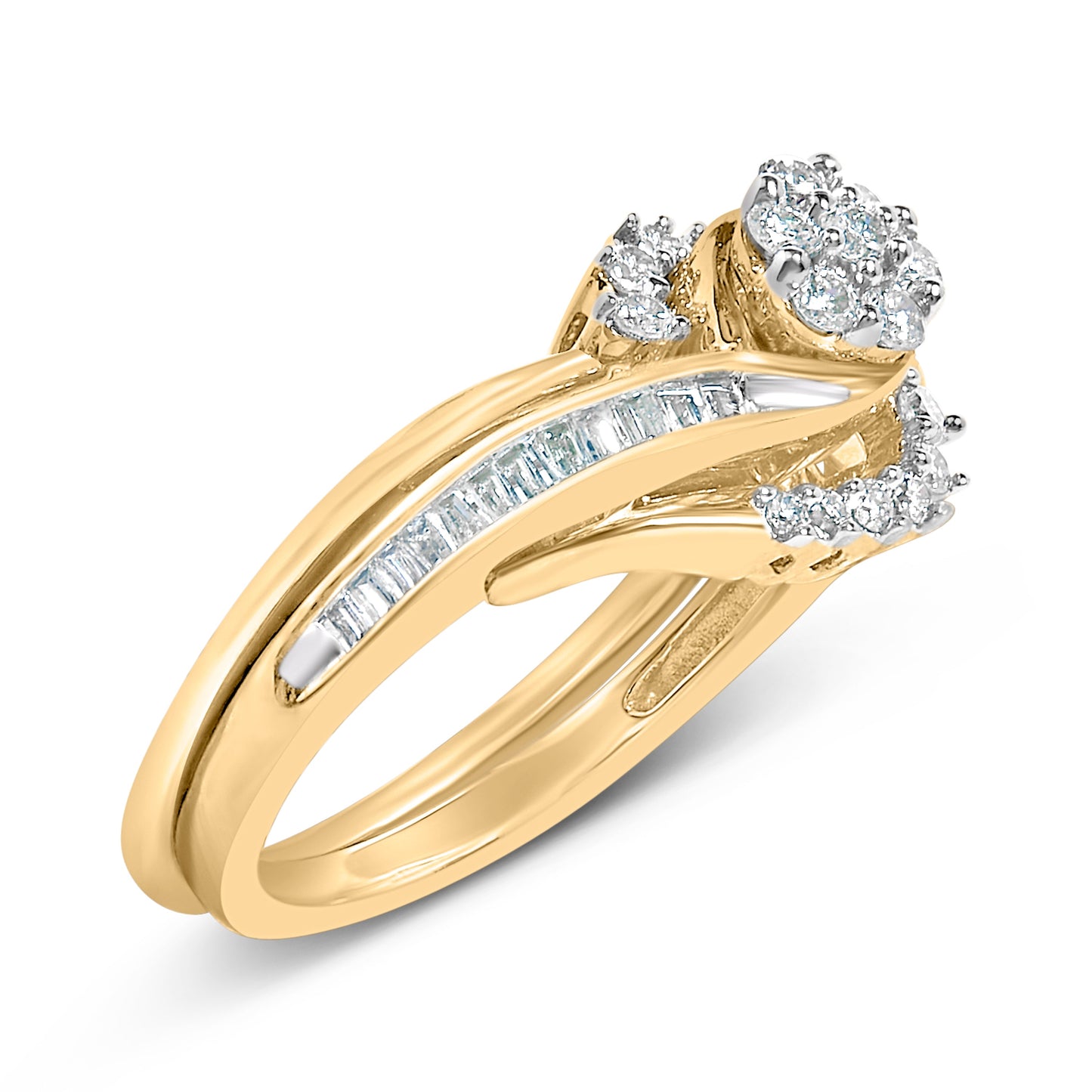 Conjunto de Novia en Espiral con Diamantes en Clúster de 1/2 Cttw, Plata Fina con Baño de Oro Amarillo de 14K