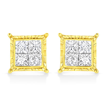 Pendientes de oro amarillo de 14 quilates, con 1.0 quilates de diamantes engastados invisibles corte princesa (8 piedras) (Color I-J, Claridad SI1-SI2)