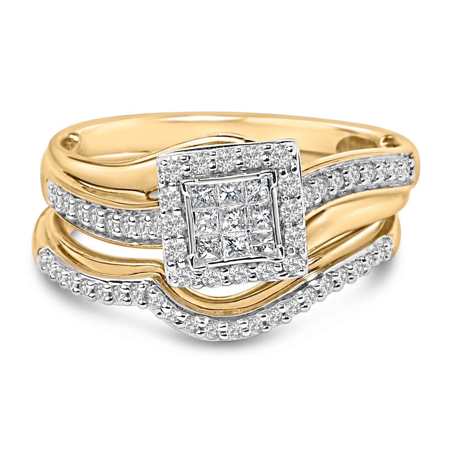 Juego de novia de oro amarillo de 14 quilates con baño de plata esterlina y diamantes de corte princesa de 1/2 quilate